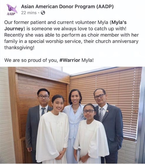 A family photo of 5; two children wearing cream choir robes. Facebook post of the Asian American Donor Program.