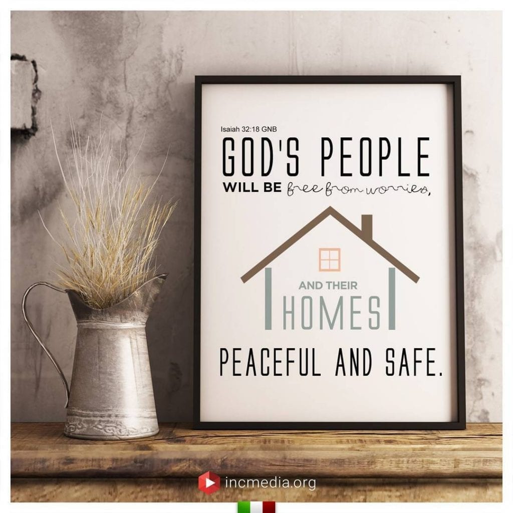 A wooden shelf with decorated with Bible verse inside a picture frame, Isaiah 32:16 God’s people will be free
from worries, and their homes peaceful and safe.