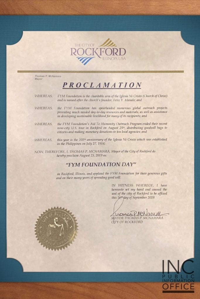 Certificate of Proclamation announcing “FYM Foundation Day” given by the City of Rockford